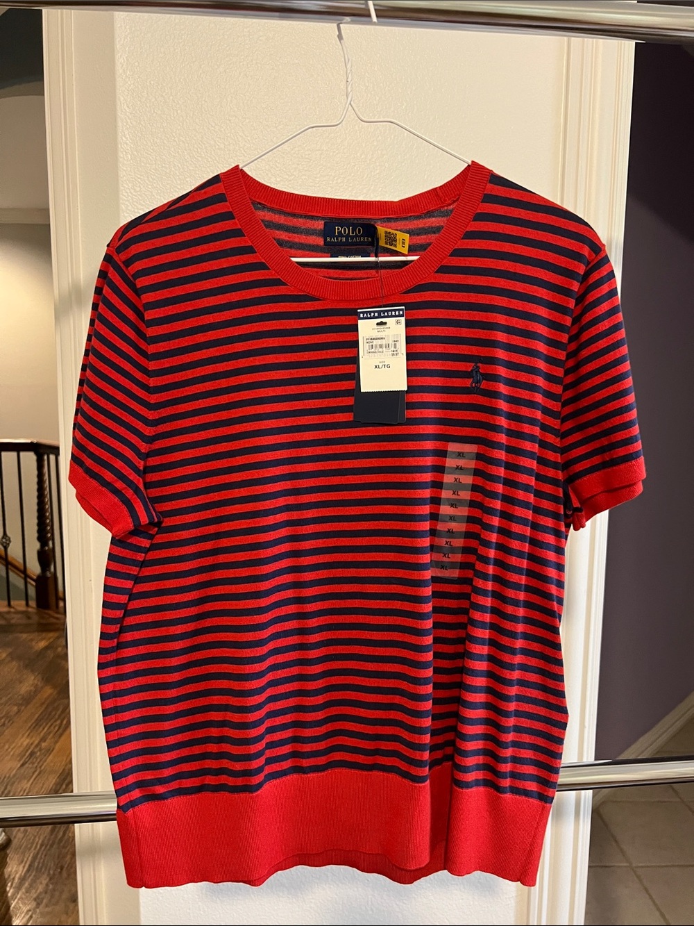 Polo by Ralph Lauren Red and Navy Striped Short Sleeve Sweater Top
